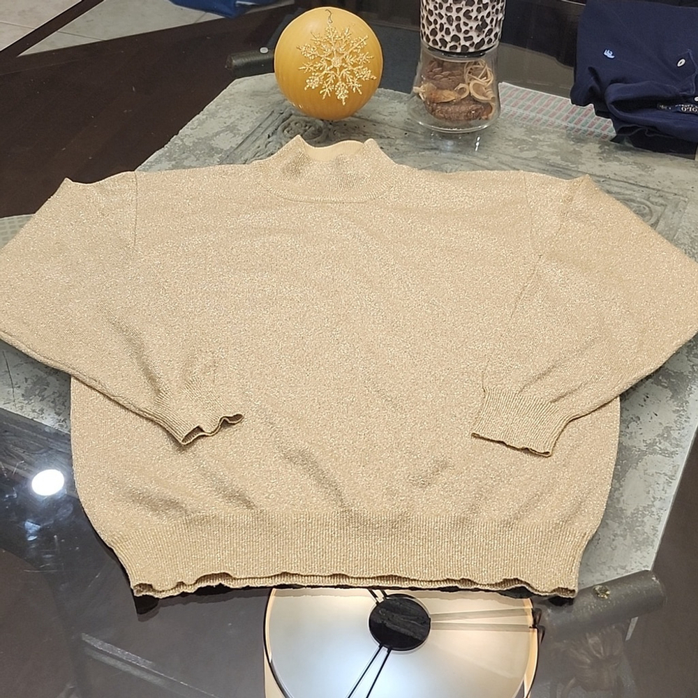 Women's gold metallic high neck turtle neck comfy medium cotton blend sweater